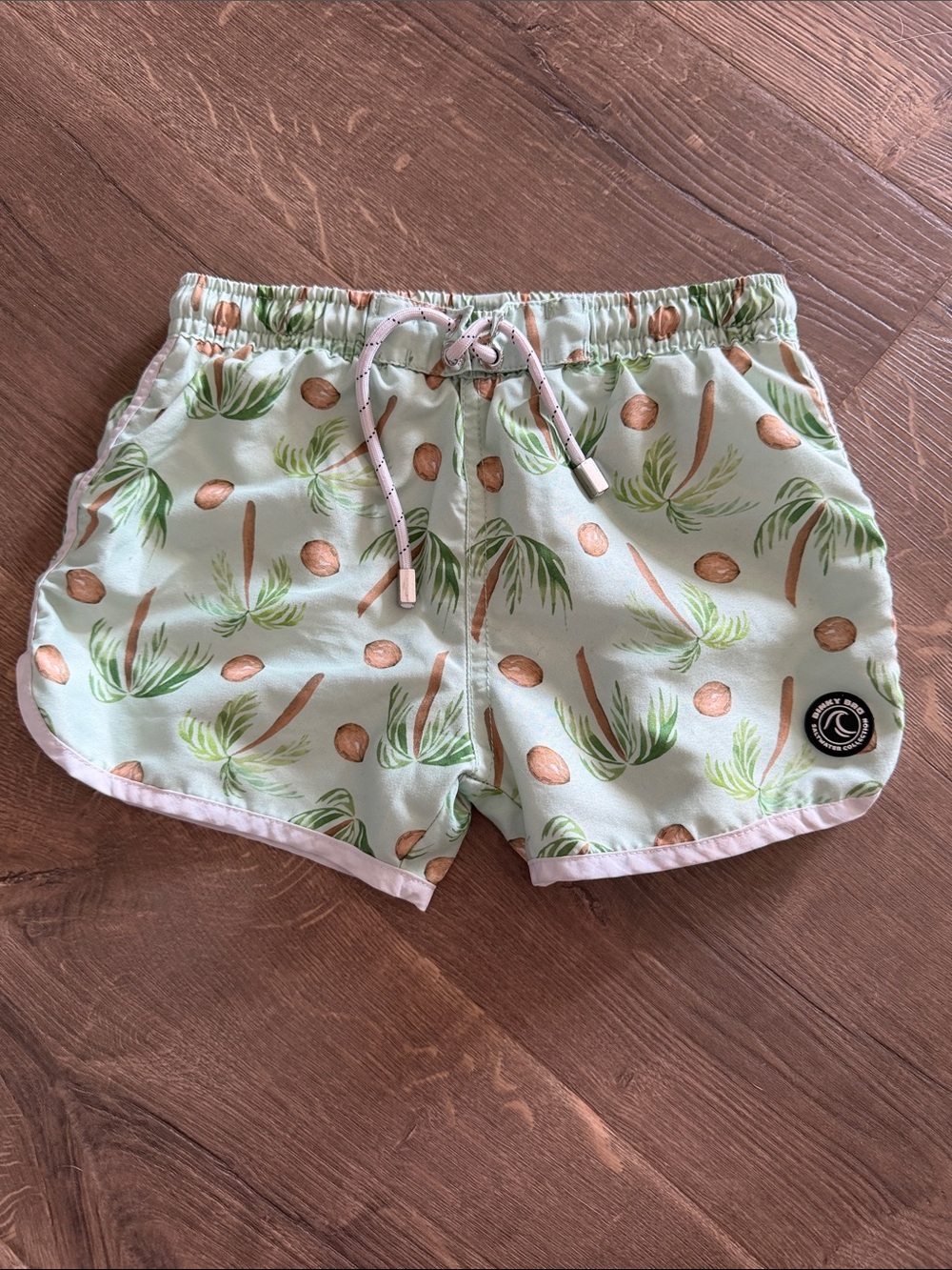 Mint Green Palm Print Kids Swim Trunks with Pink Trim